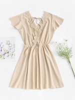 Robe en Dentelle à Dos Nu à Col en V en Couleur Unie M Café lumière