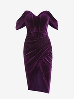 Robe en Velours Fendue sur les Côtés à Épaules Dénudées S Pourpre