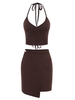 Robe Enveloppante Plissée à Col Halter avec Lien Noué Deux Pièces S Café profond