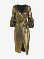 Robe Enveloppée Ceinturée Métallique à Manches Plissées L D
