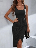Robe Enveloppée en Couleur Unie sans Manches L Noir