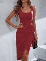 Robe Enveloppée en Couleur Unie sans Manches S Rouge foncé