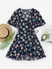 Robe Enveloppée Fleurie à Manches Bouffantes à Volants S Bleu profond