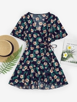 Robe Enveloppée Fleurie à Manches Bouffantes à Volants S Bleu profond
