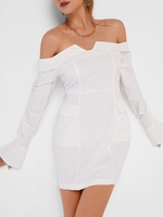 Robe Epaule Dénudée avec Poche à Rabat à Manches Longues S Blanc