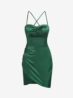 Robe Fendue Croisée Soyeuse à Volants S Vert profond