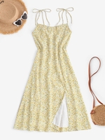 Robe Fendue Fleurie Plissée Au Dos à Bretelle Nouée S Jaune clair