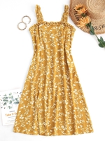 Robe Fendue Fleurie Plissée Au Dos à Volants S Jaune