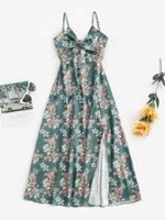 Robe Fendue Soyeuse Fleurie Nouée en Avant Découpée à Bretelle M Vert