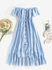 Robe Fleurie Bouton en Avant à Epaule Dénudée à Volants L Bleu clair