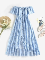Robe Fleurie Bouton en Avant à Epaule Dénudée à Volants L Bleu clair
