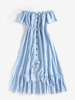 Robe Fleurie Bouton en Avant à Epaule Dénudée à Volants M Bleu clair
