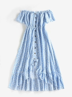 Robe Fleurie Bouton en Avant à Epaule Dénudée à Volants M Bleu clair