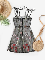 Robe Fleurie Brodée en Maille Transparente à Epaule Nouée M Noir