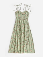 Robe Fleurie Fendue à Epaule Nouée en Avant S Vert