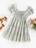 Robe Fleurie Imprimée à Manches Bouffantes à Volants M Bleu clair
