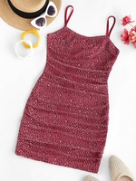Robe Fleurie Imprimée en Maille sans Dos à Bretelle à Volants M Rouge
