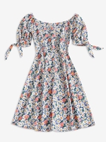Robe Fleurie Plissée Au Dos à Manches Nouées M