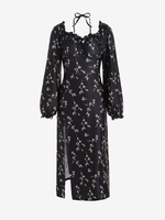 Robe Florale Plissée Au Poitrine à Manches Longues à Ourlet Fendu S Noir