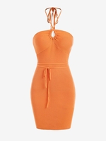 Robe Fourreau Ceinturée en Tricot Halter S Orange