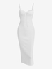 Robe Fourreau Côtelée avec Bordure en Dentelle et Col à Nouer S Blanc