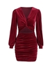 Robe Fourreau en Velours Drapée à Manches Longues S Rouge foncé