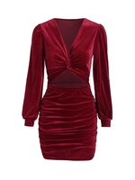Robe Fourreau en Velours Drapée à Manches Longues S Rouge foncé