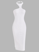 Robe Fourreau Fendue Côtelée à Col Halter S Blanc