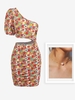 Robe Frisée Florale à Manches Bouffantes avec Collier Fausse Perle Taille unique Rouge