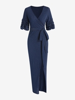 Robe Guest Ceinturée Métallisée à Manches Plissées L Bleu profond