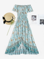 Robe Haute Basse Fleurie Bouton en Avant à Epaule Dénudée Xl Bleu clair