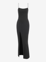 Robe Longue à Bretelles Spaghetti avec Fente Élevée L Noir