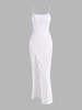 Robe Longue à Bretelles Spaghetti avec Fente Élevée M Blanc