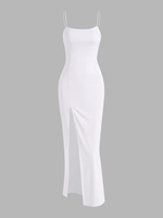 Robe Longue à Bretelles Spaghetti avec Fente Élevée M Blanc