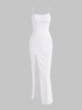 Robe Longue à Bretelles Spaghetti avec Fente Élevée S Blanc