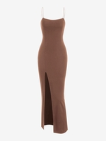 Robe Longue à Bretelles Spaghetti avec Fente Élevée S Café lumière