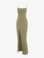 Robe Longue à Bretelles Spaghetti avec Fente Élevée S Vert
