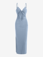 Robe Longue à Col Plongeant à Fente Élevée L Bleu