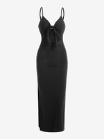 Robe Longue à Col Plongeant à Fente Élevée S Noir