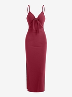 Robe Longue à Col Plongeant à Fente Élevée S Rouge