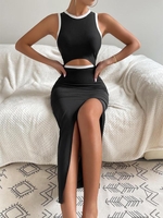 Robe Longue Moulante Fendue à Deux Couleurs M Noir