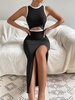 Robe Longue Moulante Fendue à Deux Couleurs S Noir