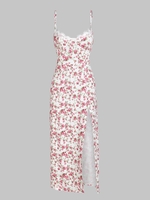 Robe Mi-Longue à Bretelle Fleurie Fente Haute à Ourlet en Dentelle M