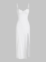 Robe Mi-Longue à Bretelle Moulante Côtelée Panneau en Dentelle à Fente Haute L Blanc