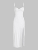 Robe Mi-Longue à Bretelle Moulante Côtelée Panneau en Dentelle à Fente Haute S Blanc