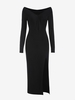Robe Mi-longue à Fente Élevée à Manches Longues à Col en V M Noir