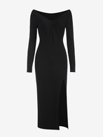 Robe Mi-longue à Fente Élevée à Manches Longues à Col en V M Noir