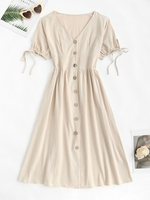 Robe Mi-longue Boutonnée à Manchette avec Nœud Papillon M Café lumière