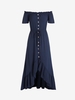 Robe Mi-Longue Boutonnée en Avant à Epaule Dénudée à Volants S Bleu profond