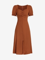 Robe Mi-Longue Boutonnée Fendue à Manches Bouffantes M Café